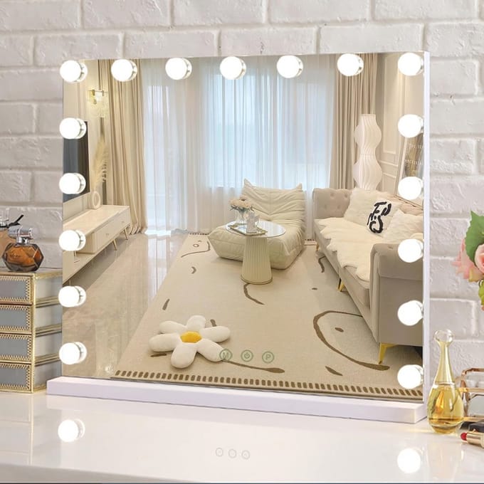 Puselo Large Hollywood Mirror with Lighting, Makeup Mirror with Touch Switch, Makeup Table Mirror with 17 Dimmable and USB Outputs (70 x 55 cm, White)