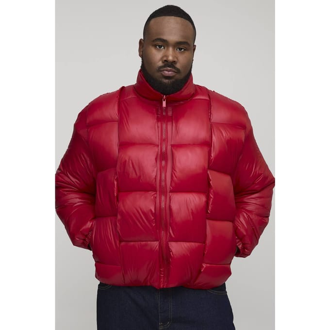Plus High Shine Weft Oversized Funnel Neck Puffer Jacket | Red | Size 5XL