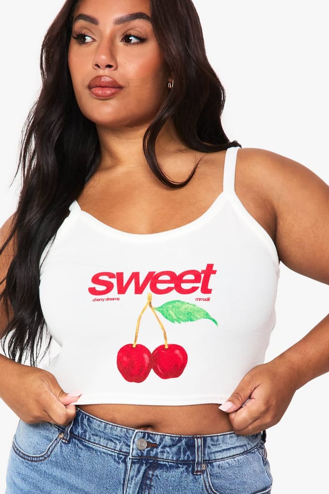 boohoo Dames Plus Cherry Vest | Wit | Maat: 56