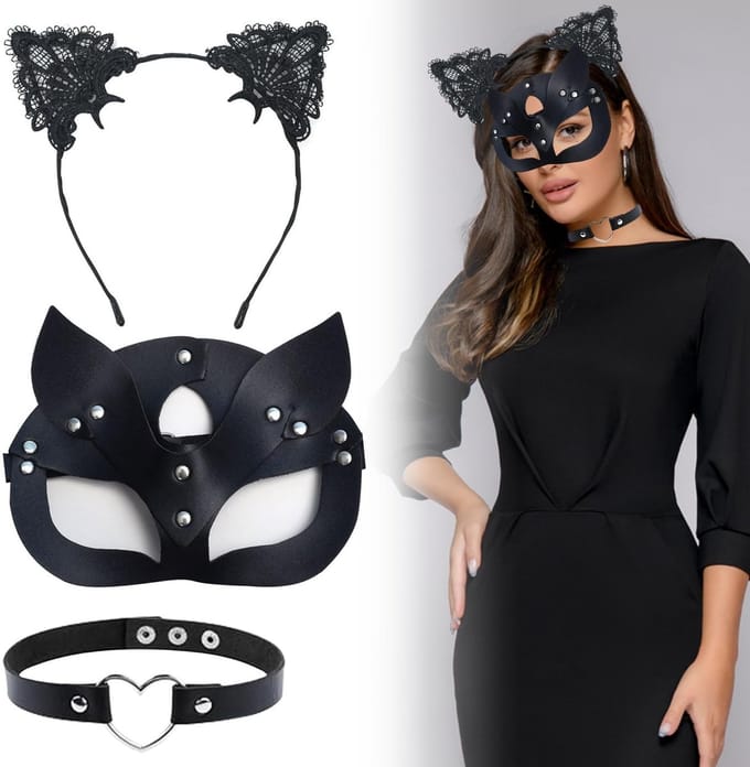 Dailygoods- Kattenmasker Glanzend - Zwart PU-leer - Feestmasker