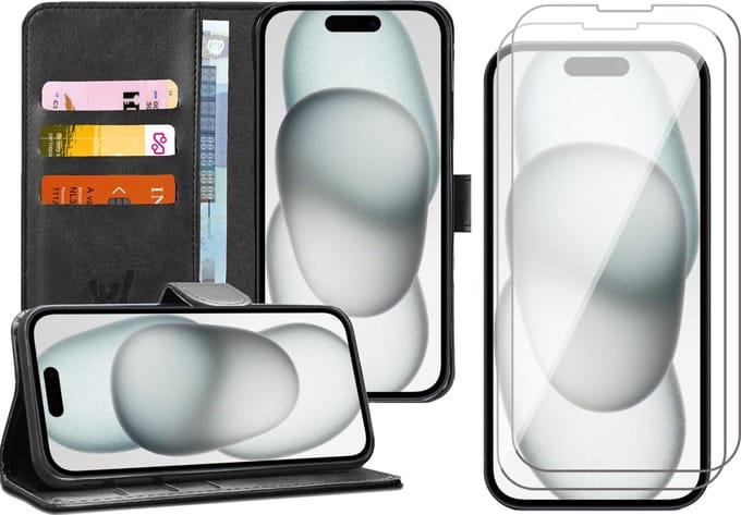 Hoesje geschikt voor iPhone 15 Plus - 2x Screen Protector GlassGuard - Book Case Kunstleer Pasjeshouder Zwart & Screenprotector