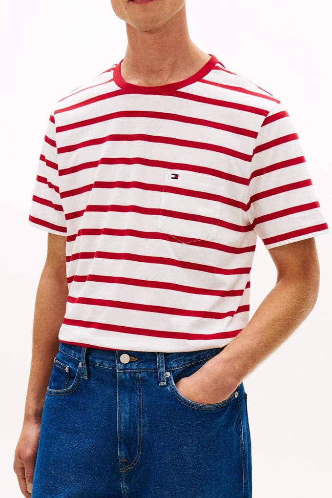 Tommy Hilfiger Essential Regular Fit Stripe T-shirt Ecru/medium Red Stripe Größe: XL | Basic T-Shirts Outlet | Herren | Rot
