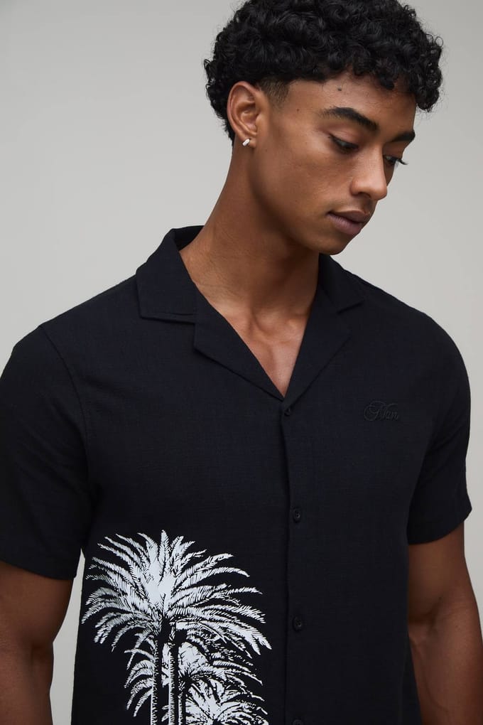Regular Fit Overhemd Met Contrasterende Palmbomenprint | Black | Size Small