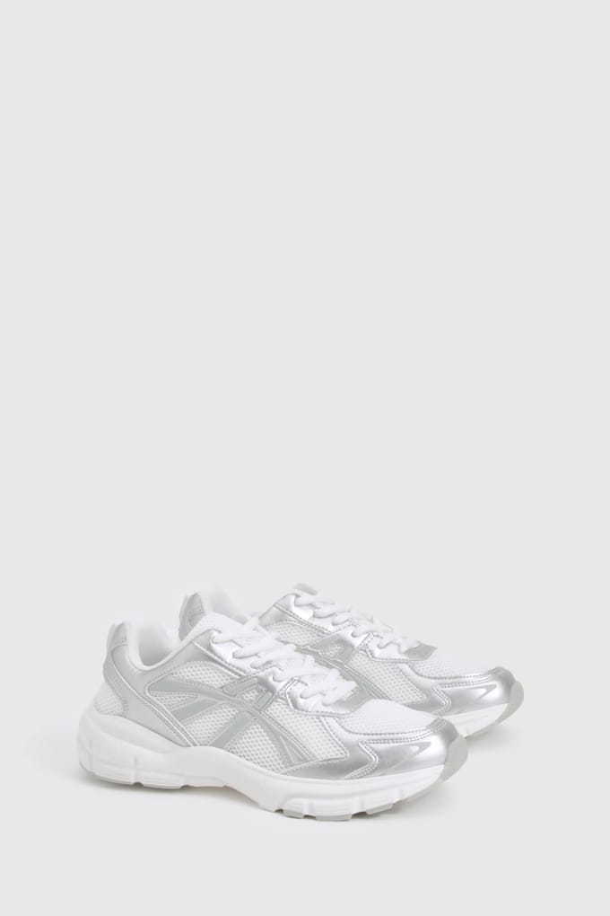 boohoo Dames Contrast Metallic Stripe Chunky Sporty Dad Trainers | Silver | Maat: 3