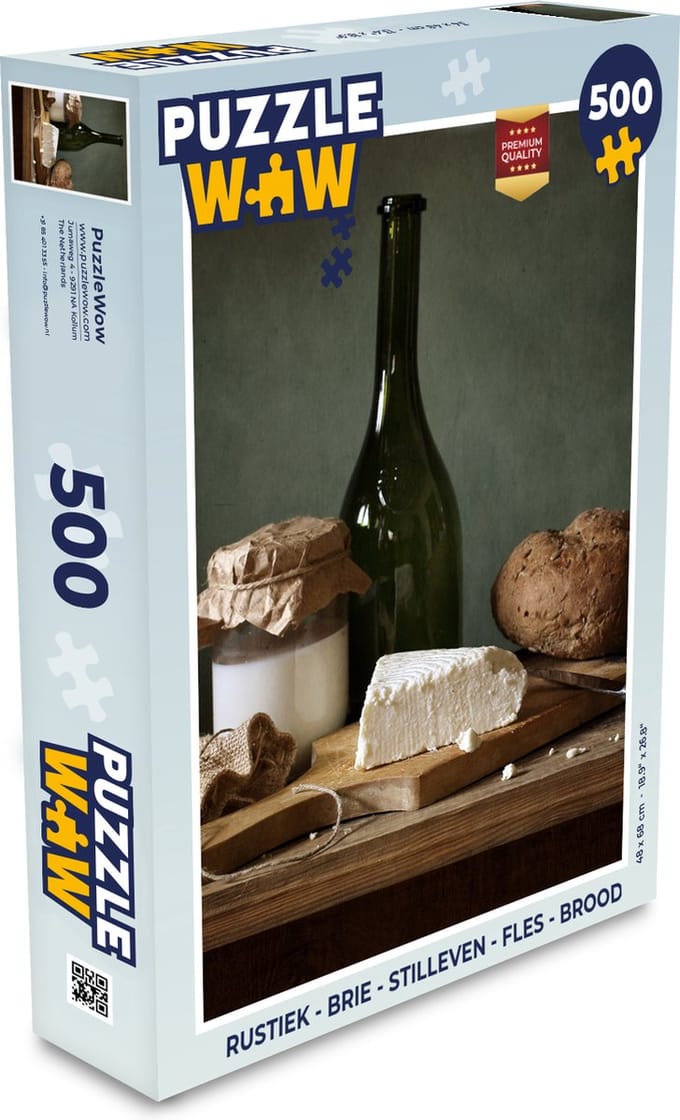 Puzzel Rustiek - Brie - Stilleven - Fles - Brood - Legpuzzel - Puzzel 500 stukjes