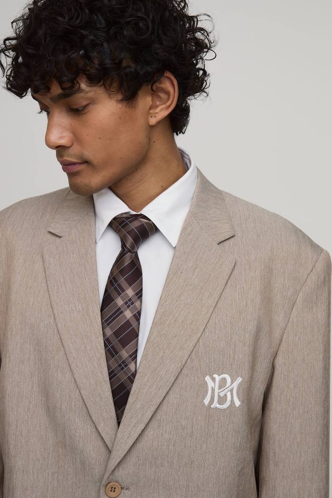 Herringbone Embroidered Oversized Blazer | Taupe | Size 48