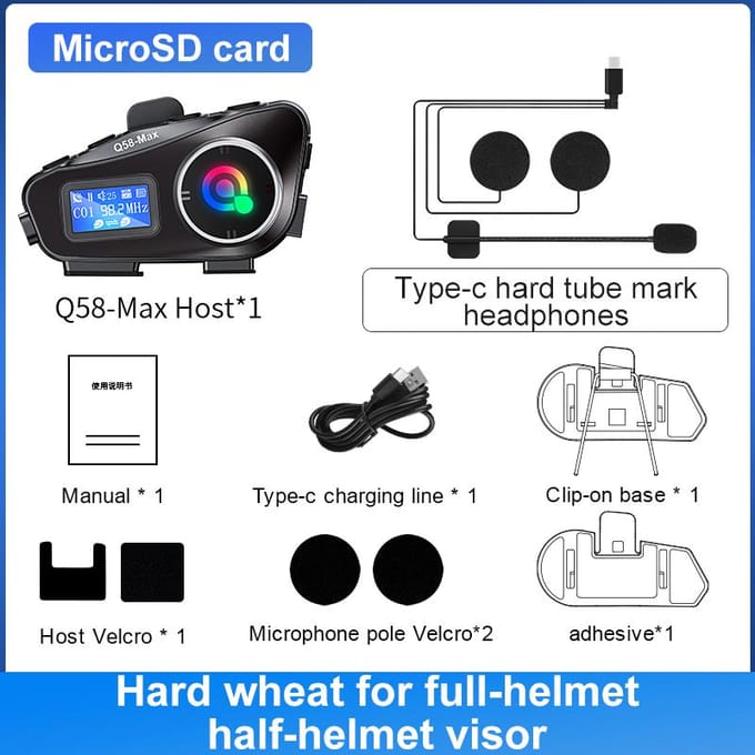 Q58-MAX Motorhelm Intercom Bluetooth 5.3 Interphone 500M IP65 Waterdichte Moto Intercom met Muziek Delen LCD Display