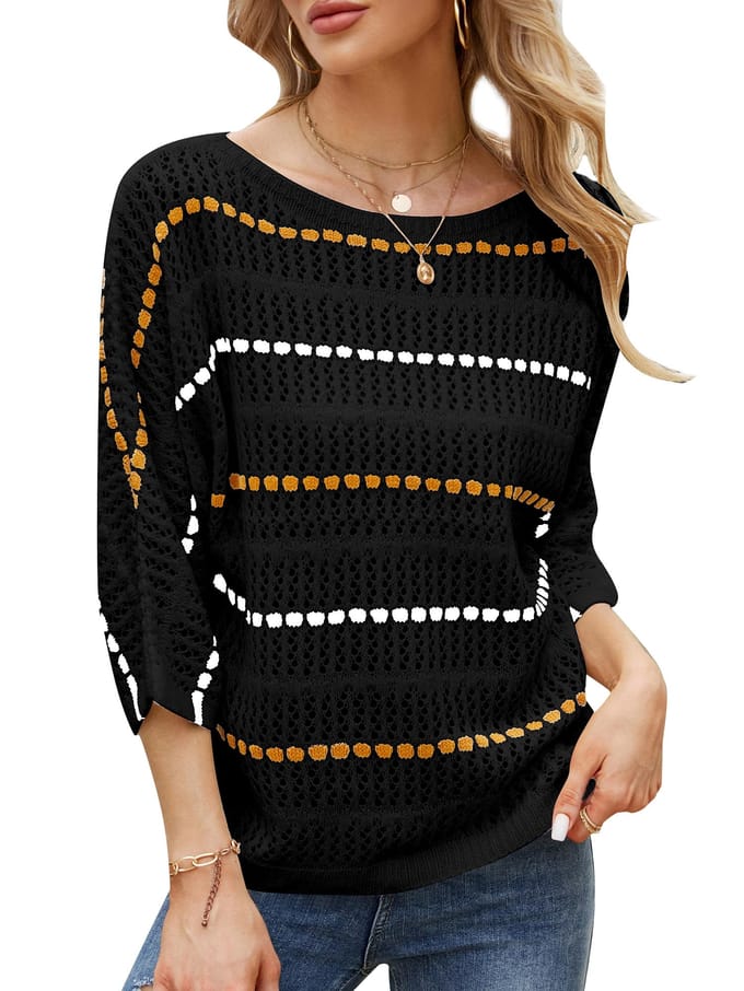 Pulls tricotés pour femmes rayés ajourés à manches 3/4 Boho Casual Pulls tricotés M noir