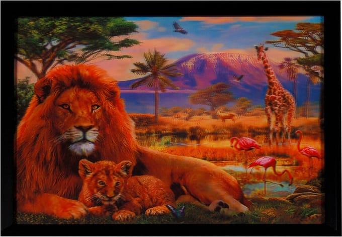Poster 3D met Lijst - Leeuwen & Flamingos & Giraf Savanne - 43x33cm