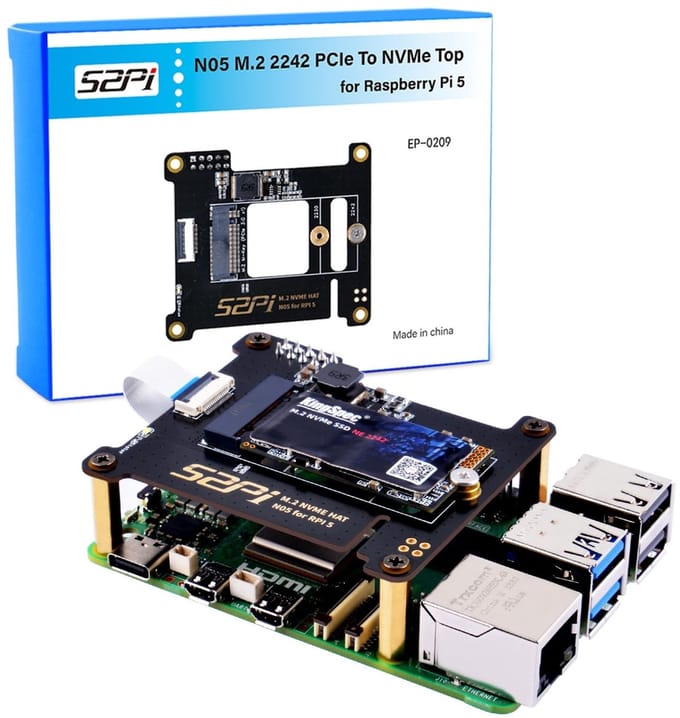 Allecto - M.2 NVMe PCIe Adapter - Geschikt voor Raspberry Pi 5 - M-Key - Ondersteunt SSD M.2 2230 2242 - Voor Raspberry Pi 5 4GB/8GB