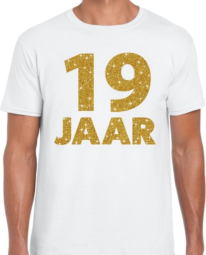 19 jaar goud glitter verjaardag t-shirt wit heren - verjaardag shirts S