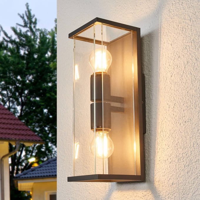 Lucande - Wandlamp buiten - 2lichts - Aluminium, glas - H: 40 cm - E27 - antraciet, helder