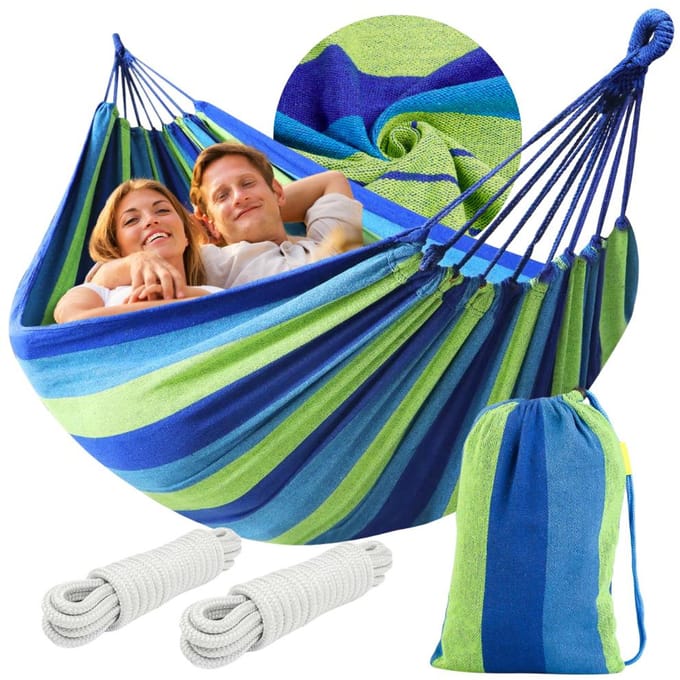 Duurzame dubbele hangmat groot xxl boho schommel 2 in 1 katoen 290 cm DUBBELE HANGMAT BLAUW