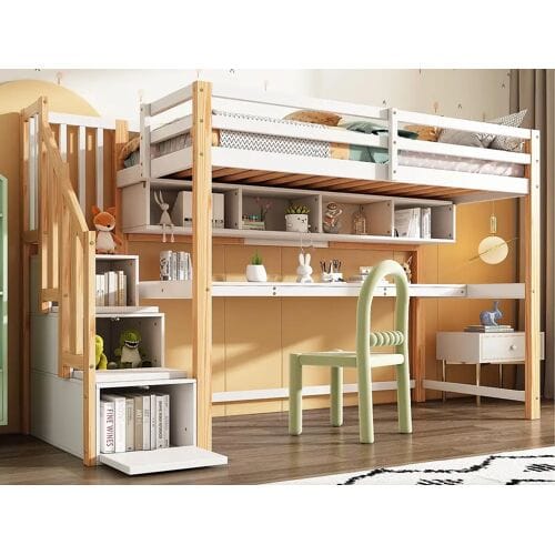 ModernLuxe Houten tussenbed 90x200cm - met opbergtrap + bureau + lattenbodem - Wit & Naturel