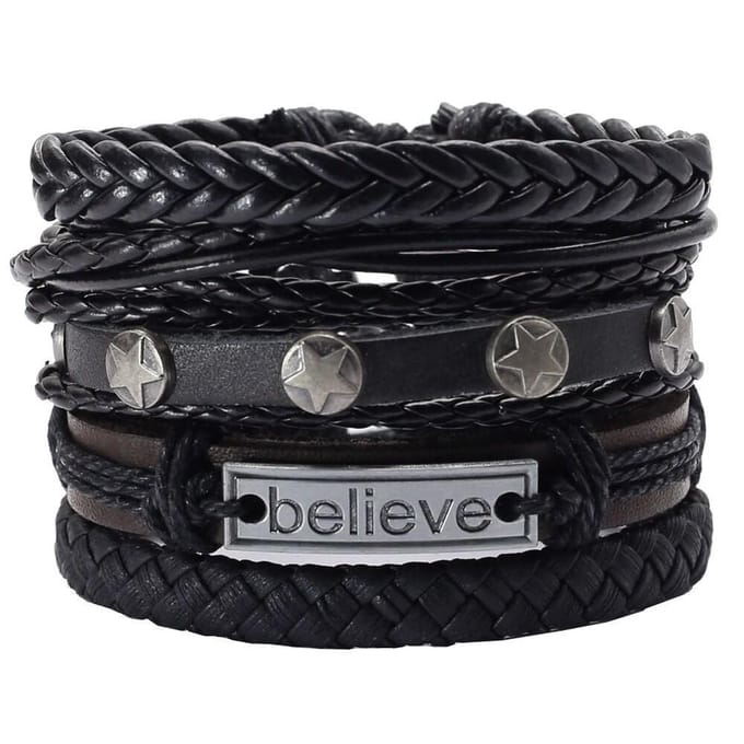 Fako Bijoux® - Armband Leer - Set Believe - 5 Stuks - Zwart/Bruin