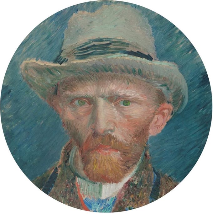 Indoorart - Muurcirkel Zelfportret Vincent van Gogh Forex 70 cm - Wanddecoratie - Afbeelding op Forex - Inclusief ophangplaat