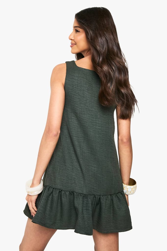 boohoo Dames Linnenlook mini-jurk met vierkante hals en drop zoom | Olive | Maat: 8