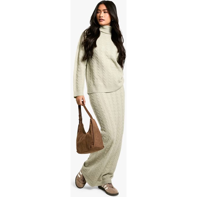 boohoo Dames Zachte kabel rollkrag trui en maxi rok co-ord | Stone | Maat: Medium