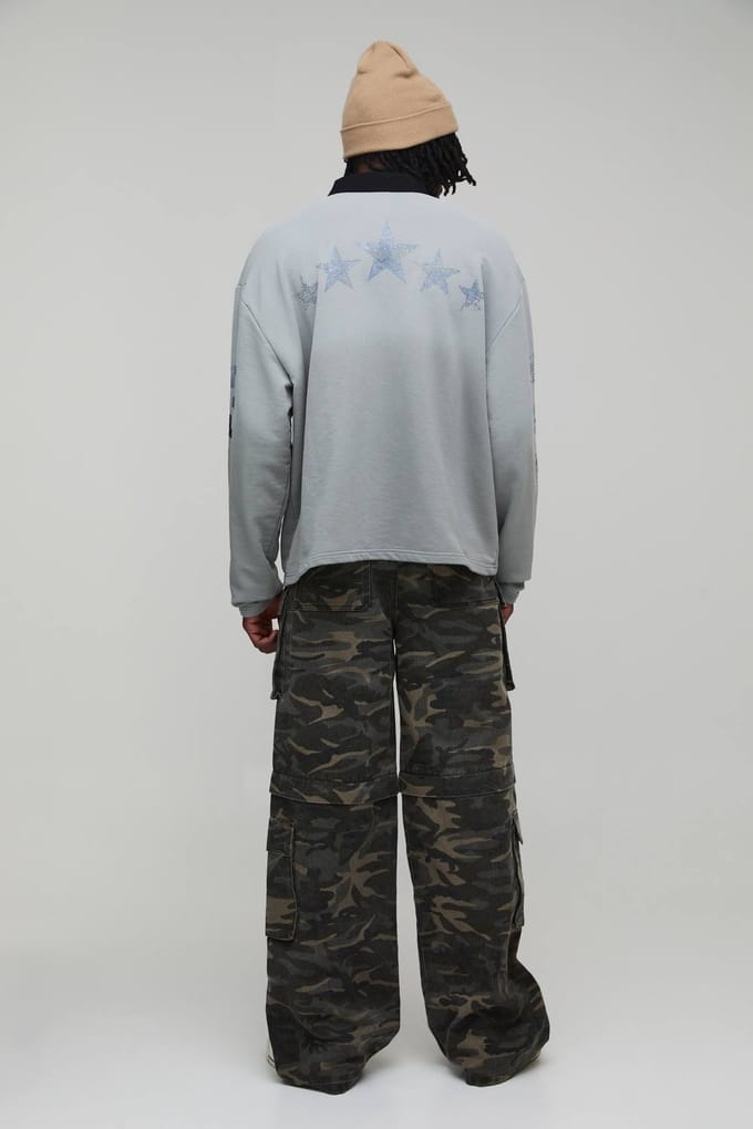 Oversized Western Geprint Gebadged Rugby Sweatshirt | Grey | Size Small