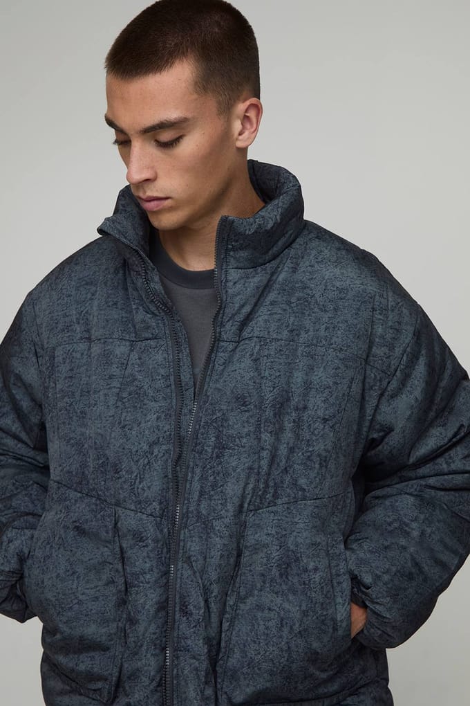 Oversized Boxy Fit Washed Nylon Padded Funnel Neck Puffer Jacket | Black | Size Medium