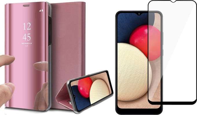 Hoesje geschikt voor Samsung Galaxy A02s - Screen Protector FullGuard - Book Case Spiegel Roségoud & Screenprotector