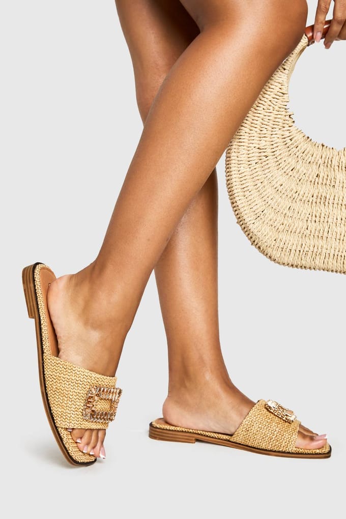 boohoo Dames Raffia Versierde Gesp-Sandalen | Natural | Maat: 4