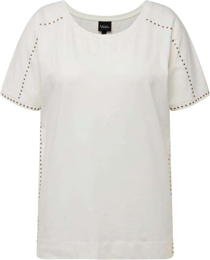 Ulla Popken - Dames - T-shirt sierstuds oversized ronde hals korte mouwen - Off-white - Maat 42+
