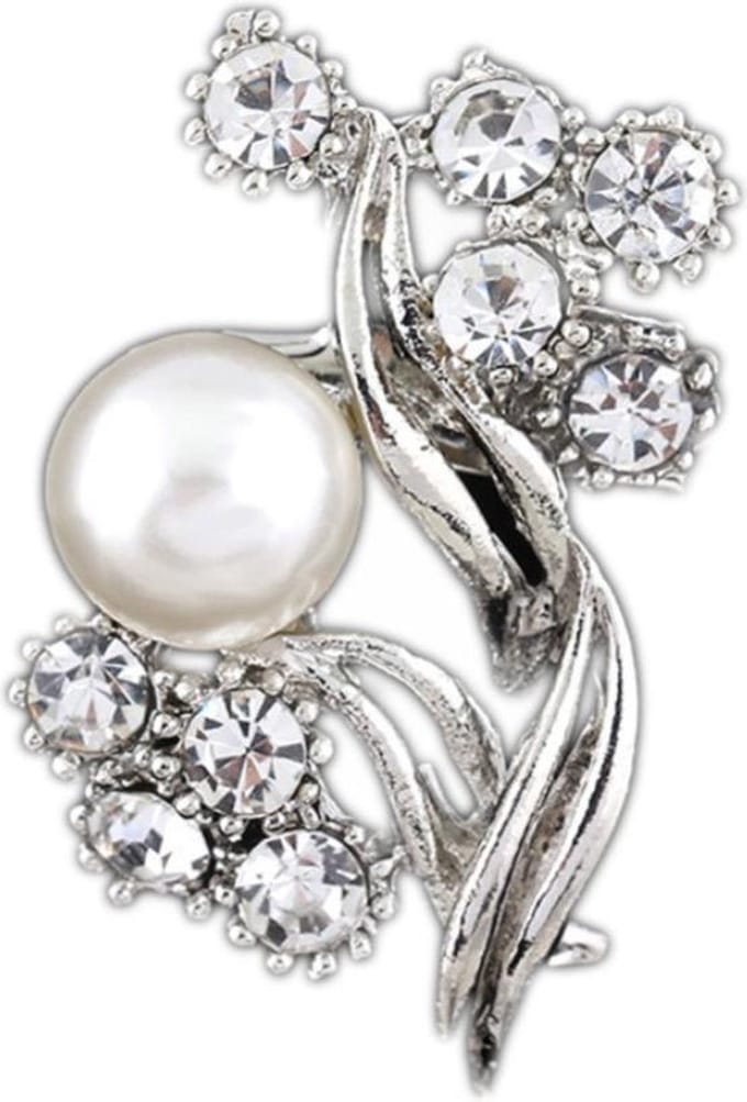 Fako Bijoux® - Broche - Bloem Met Parel - 21x34mm - Zilverkleurig