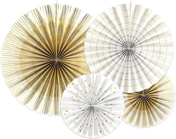 PARTYDECO - 4 decoratieve rozetten van wit en goudpapier 23, 32, 40 cm