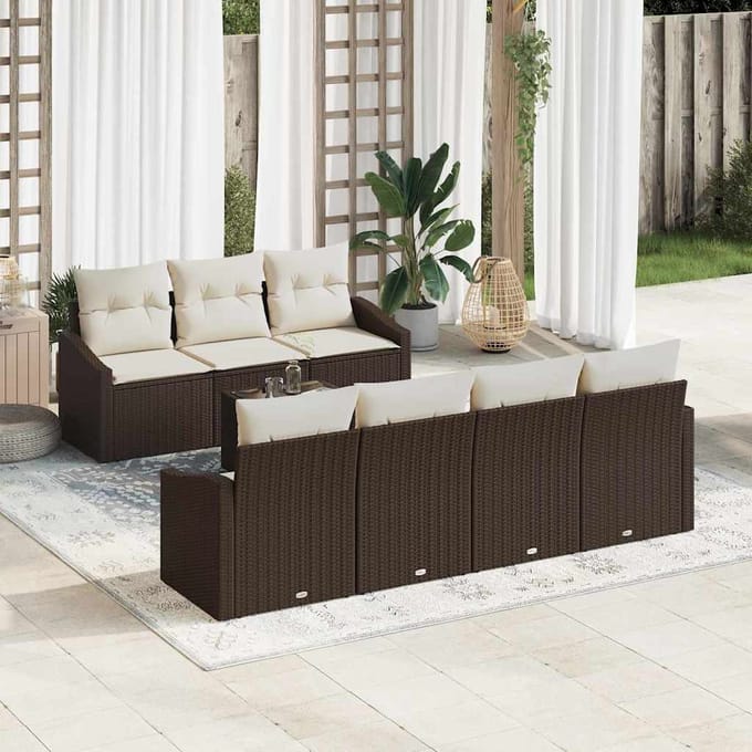 vidaXL Bankstel met kussen met opslag 8 pcs Bruin en Crème poly rattan
