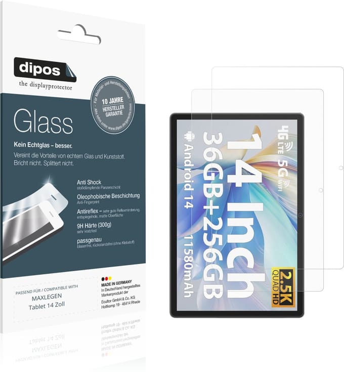 dipos – 2x Matte Pantserfolie geschikt voor MAXLEGEN Tablet 14 Zoll | 9H Screenprotector