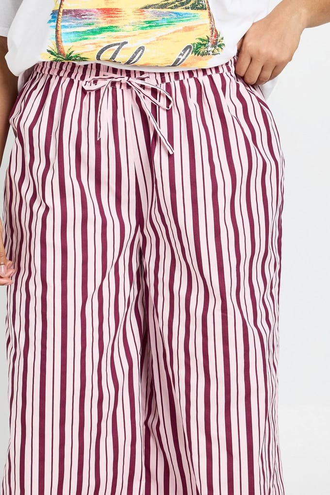 boohoo Dames Plus Gestreepte Poplin Wijde Broek Met Trekkoord | Roze | Maat: 44