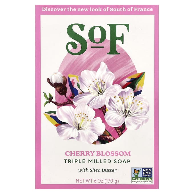 SoF, Savon en barre moulu à la française avec beurre de karité bio, parfum fleur de cerisier, 170g (6 oz) pink
