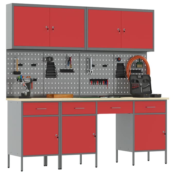 vidaXL - Werk - Cabinet - met - lade - 10 - st - Rood - Engineered - hout - en - staal