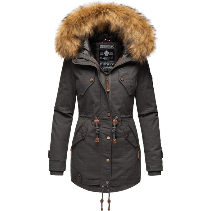 Marikoo dames winterjas met afneembare imitatiebontkraag & taillekoord