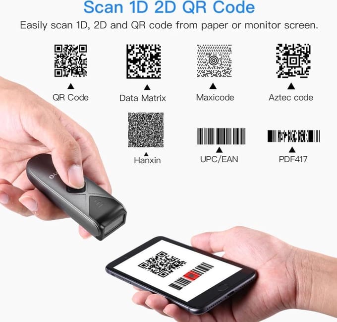 Dutch Wanted- Handscanner - Barcode scanner - Draadloze Mini Barcode Scanner - EAN en QR codes - Bluetooth, 2.4G draadloos en USB verbinding
