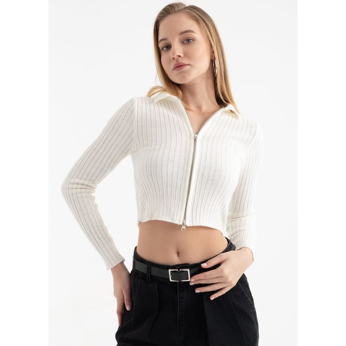 Korte Cardigan met Rits en Polokraag in Ribbelstructuur