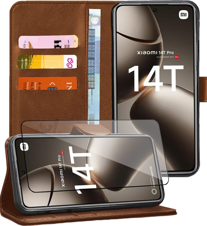 Hoesje geschikt voor Xiaomi Redmi 14T / 14T Pro - Screenprotector Glas - Portemonnee Book Case Bruin