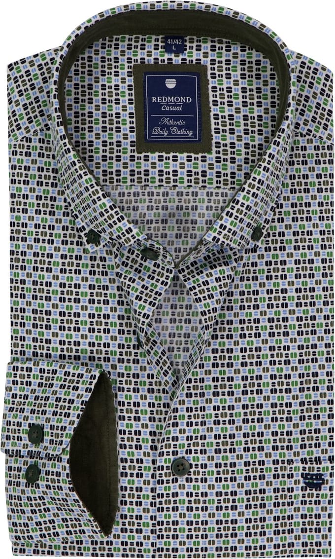 Redmond comfort fit overhemd - popeline - wit met groen en blauw dessin