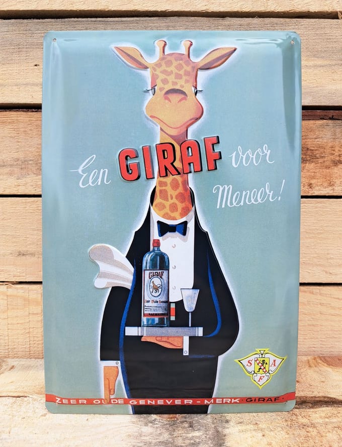 Giraf Jenever metalen wandbord met reliëfdruk