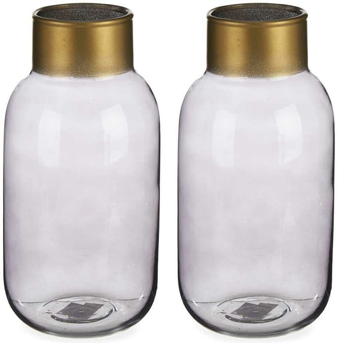 Giftdecor - Bloemenvazen 2x stuks - Glas - grijs/goud - 14 x 30 cm