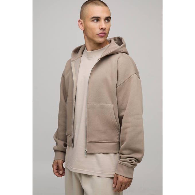 Essential Shrunken Boxy Zip Through Hoodie | Taupe | Size Small