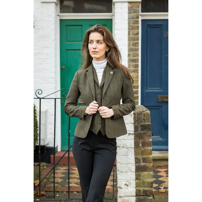 Dames olijfgroene tweedblazer met visgraatmotief