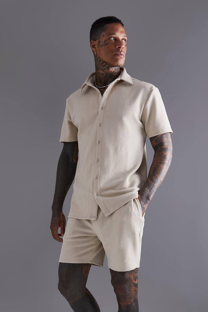 Short Sleeve Jersey Herringbone Shirt & Short Set | Stone | Size Medium
