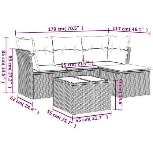 vidaXL - 5-delige - Loungeset - met - kussens - poly - rattan - lichtgrijs