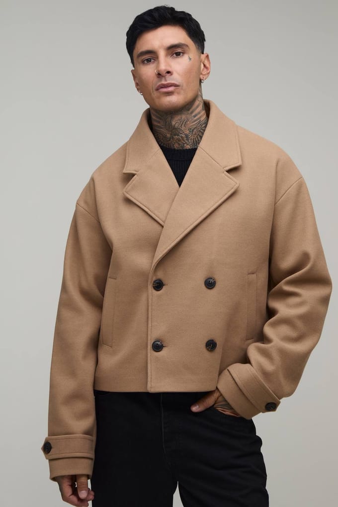 Lange Dubbelrij Geknopte Verkorte Melton Overjas | Camel | Size Medium
