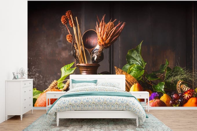 Behang - Fotobehang Groente - Fruit - Rustiek - Tafel - Breedte 295 cm x hoogte 220 cm