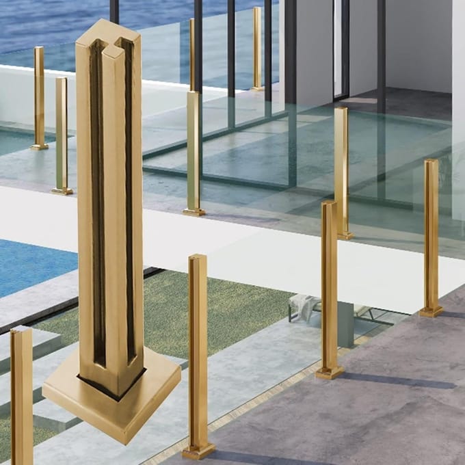 Glazen leuningpalen - RVS baluster vierkant - Terras omheining - Gouden afwerking - 95 cm hoogte - Goud