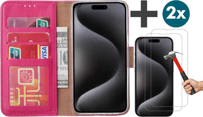 Hoesje met 2 Stuks Screenprotectors Geschikt voor iPhone 15 Pro – Arara bookcase met pasjeshouder - Roze