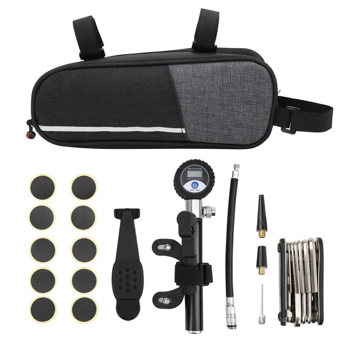 Kit d'outils de réparation de pneu de vélo portable d'extérieur Pompe numérique Buse Patchs Clés de réparation Ensemble black